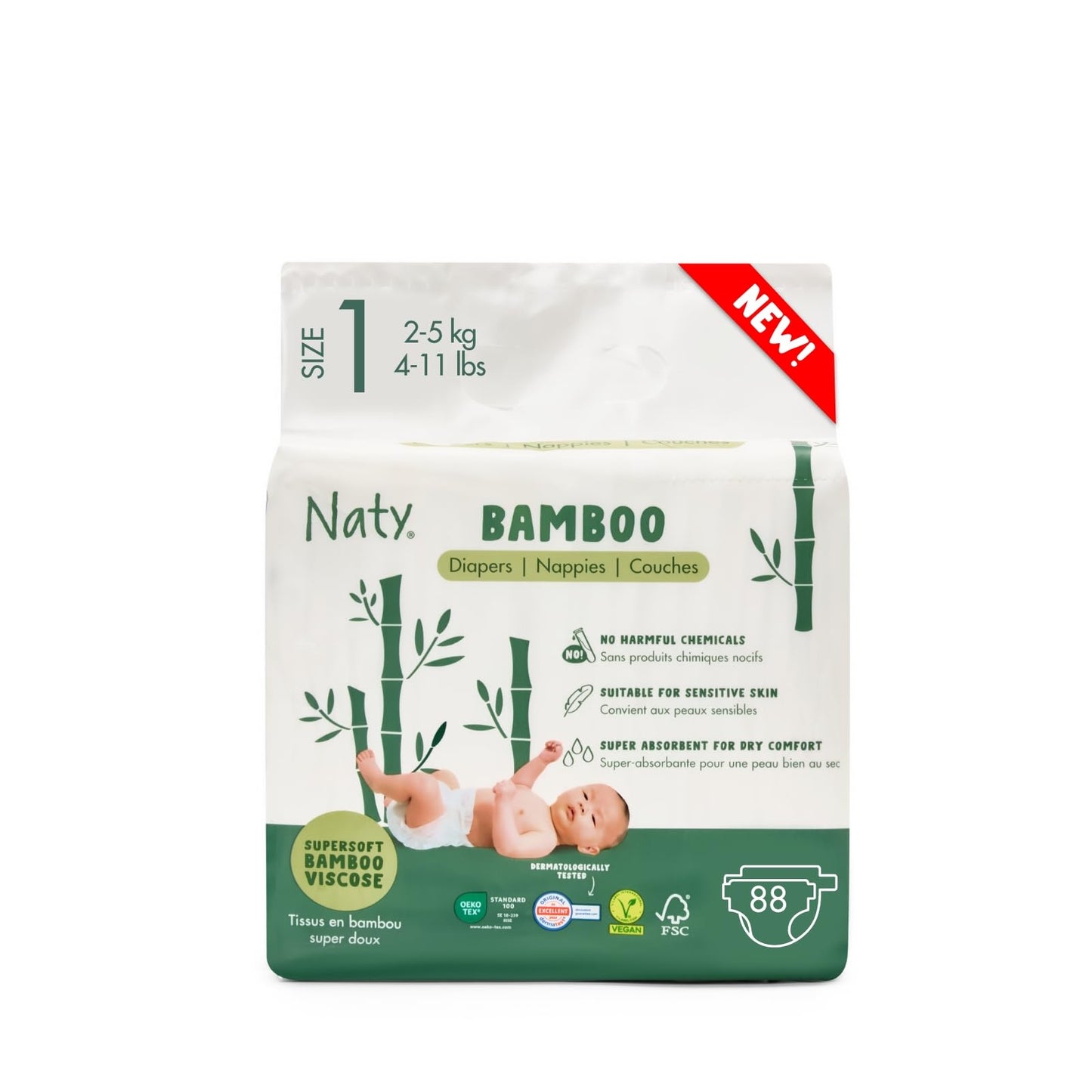 Naty Bamboo Baby Viscose Nappies – Size 2 (88 Pieces) - Silk-Soft, Plant-Based, Dermatologically Tested & Super Absorbent