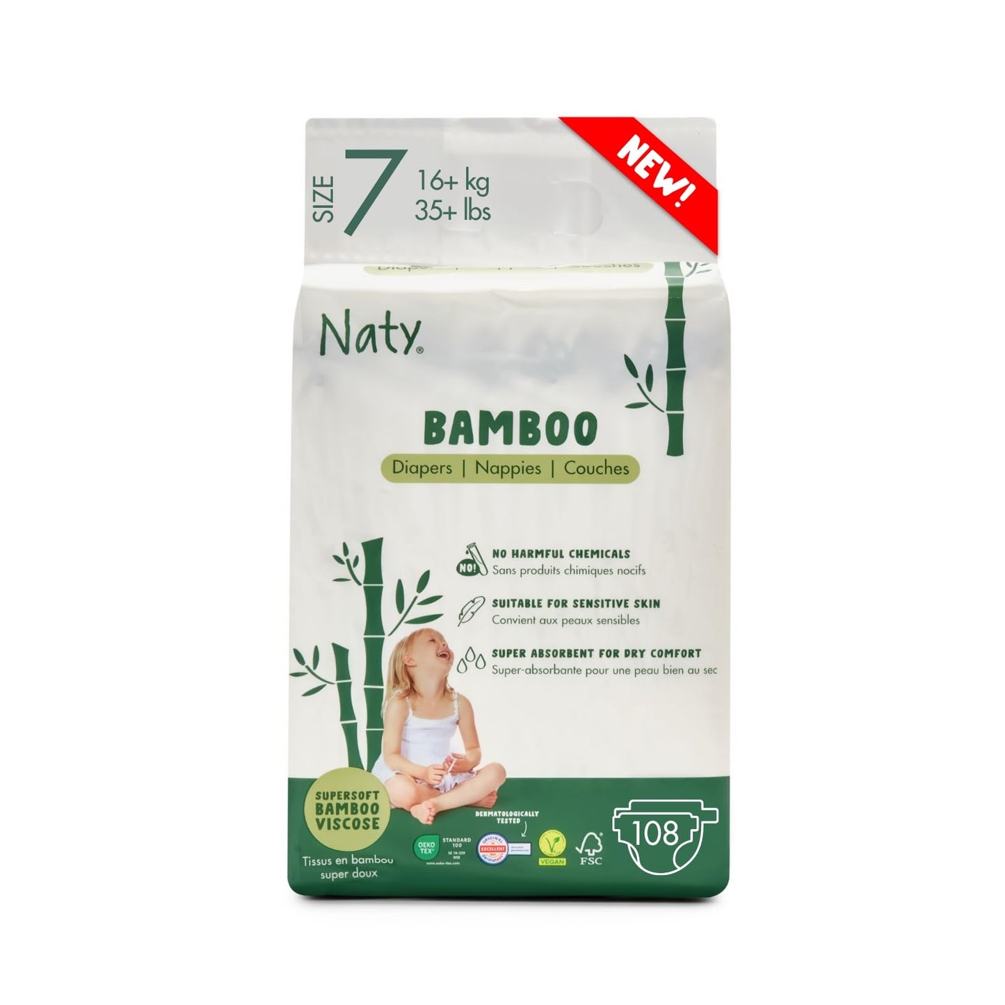 Naty Bamboo Baby Viscose Nappies – Size 2 (88 Pieces) - Silk-Soft, Plant-Based, Dermatologically Tested & Super Absorbent