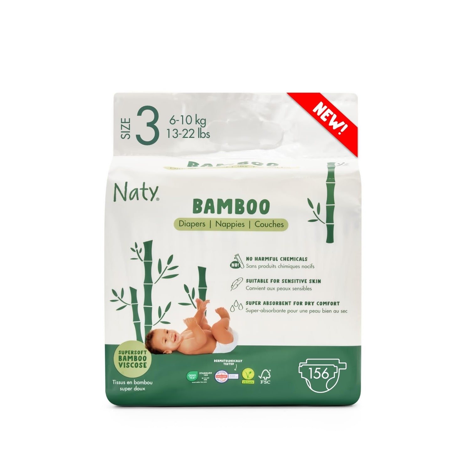 Naty Bamboo Baby Viscose Nappies – Size 2 (88 Pieces) - Silk-Soft, Plant-Based, Dermatologically Tested & Super Absorbent
