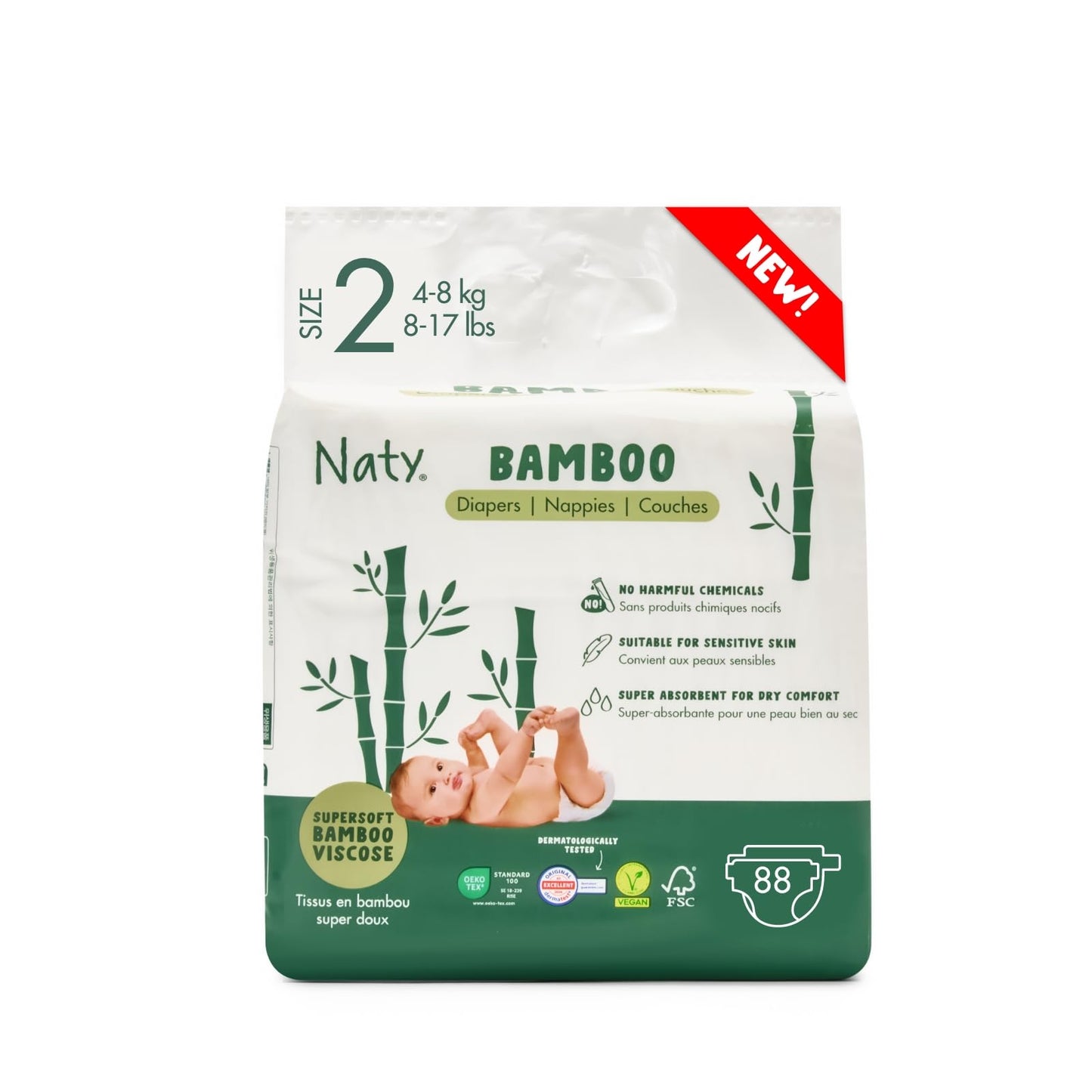Naty Bamboo Baby Viscose Nappies – Size 2 (88 Pieces) - Silk-Soft, Plant-Based, Dermatologically Tested & Super Absorbent