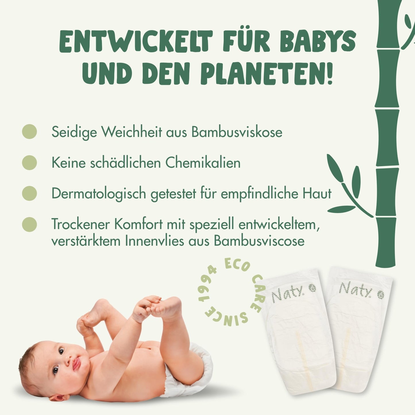 Naty Bamboo Baby Viscose Nappies – Size 2 (88 Pieces) - Silk-Soft, Plant-Based, Dermatologically Tested & Super Absorbent